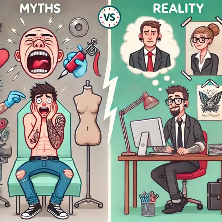 Ілюстрація до статті про популярні міфи про татуювання — біль, загоєння, стерильність, вплив на здоров’я