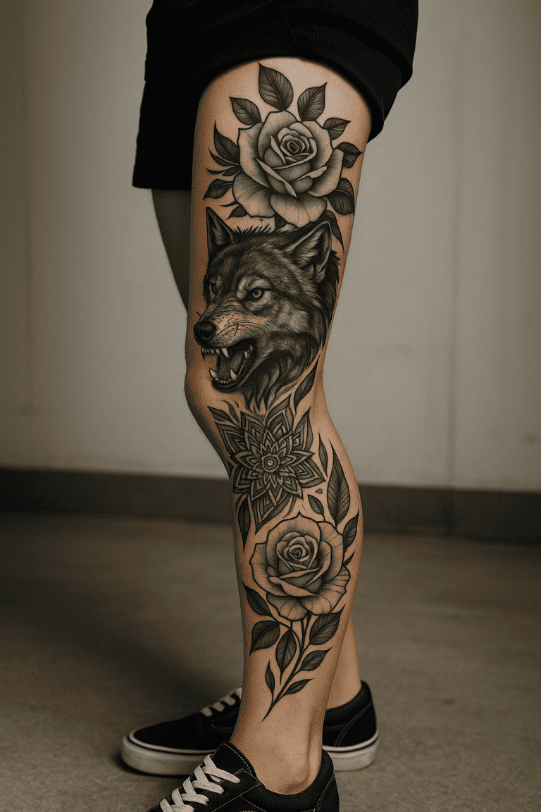 ату на нозі — чорна графічна композиція у стилі blackwork з вовком, трояндами та мандалою. Реалістичне татуювання на гомілці у студії WestLandTattooLviv, Львів.
