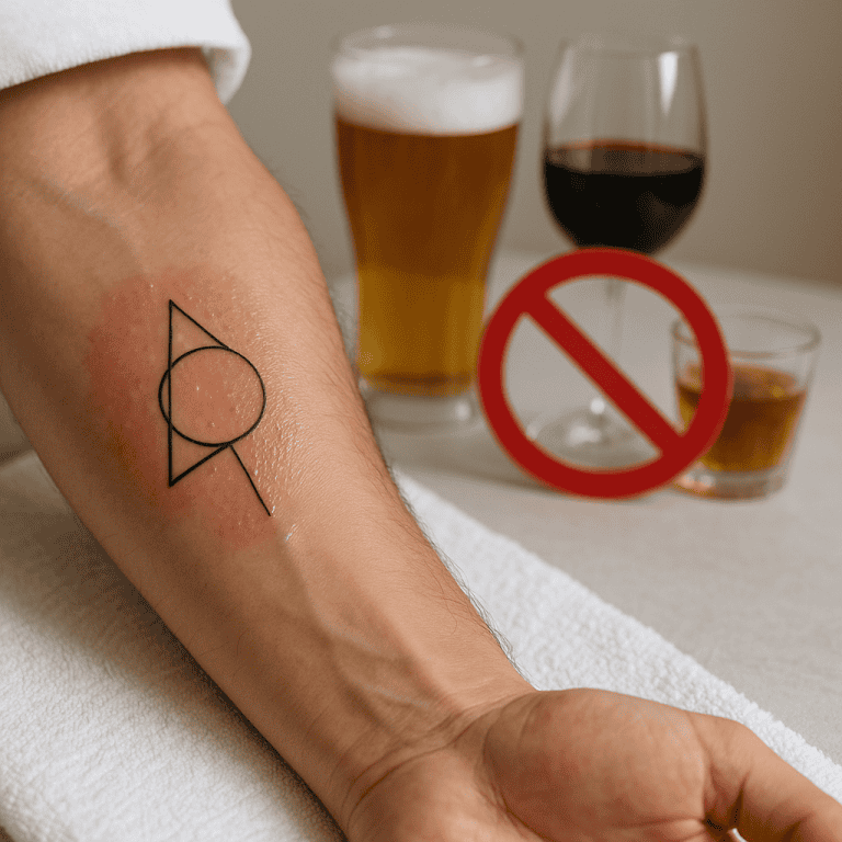 Свіже татуювання на руці та перекреслений алкогольний напій, заборона вживання після тату.