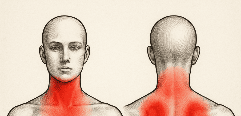 Медична схема больових зон шиї під час нанесення татуювання спереду і ззаду