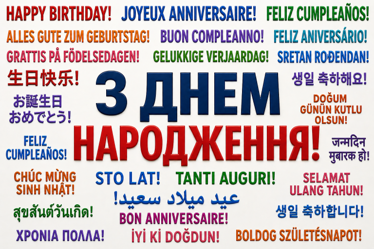привітання з днем народження різними мовами світу – Happy Birthday, Feliz Cumpleaños, Joyeux Anniversaire, напис З Днем Народження українською
