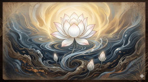 Артистичний банер у вінтажному стилі, що зображує білу квітку лотоса, яка проростає з темної води до яскравого золотого світла, символізуючи чистоту та відродження