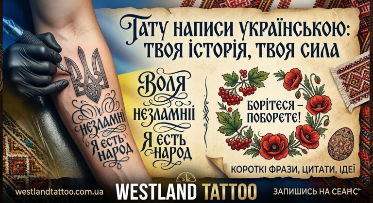 Патріотичні татуювання та ескізи українською мовою від Westland Tattoo: Тризуб, напис "Воля", калина, цитата Шевченка.
