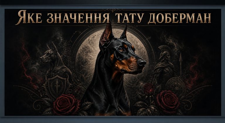 Тату доберман у темному стилі — символ сили, захисту, вірності та внутрішнього контролю