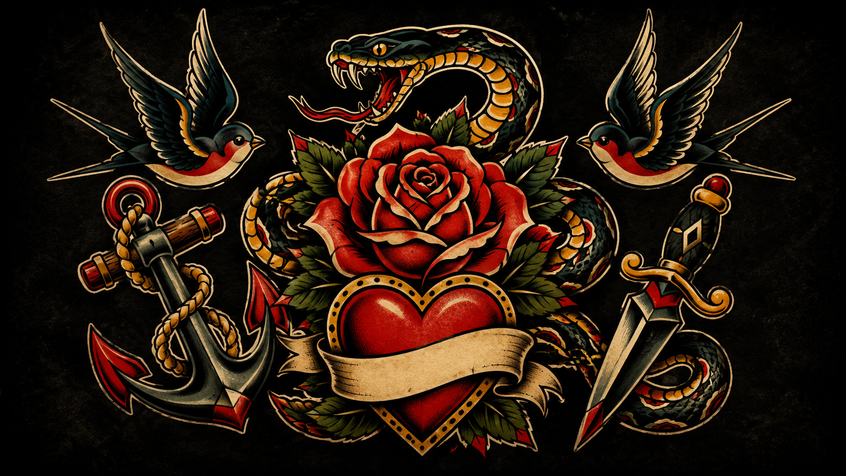 Traditional tattoo flash у стилі old school з трояндою, серцем, змією, ластівками, якорем і кинджалом