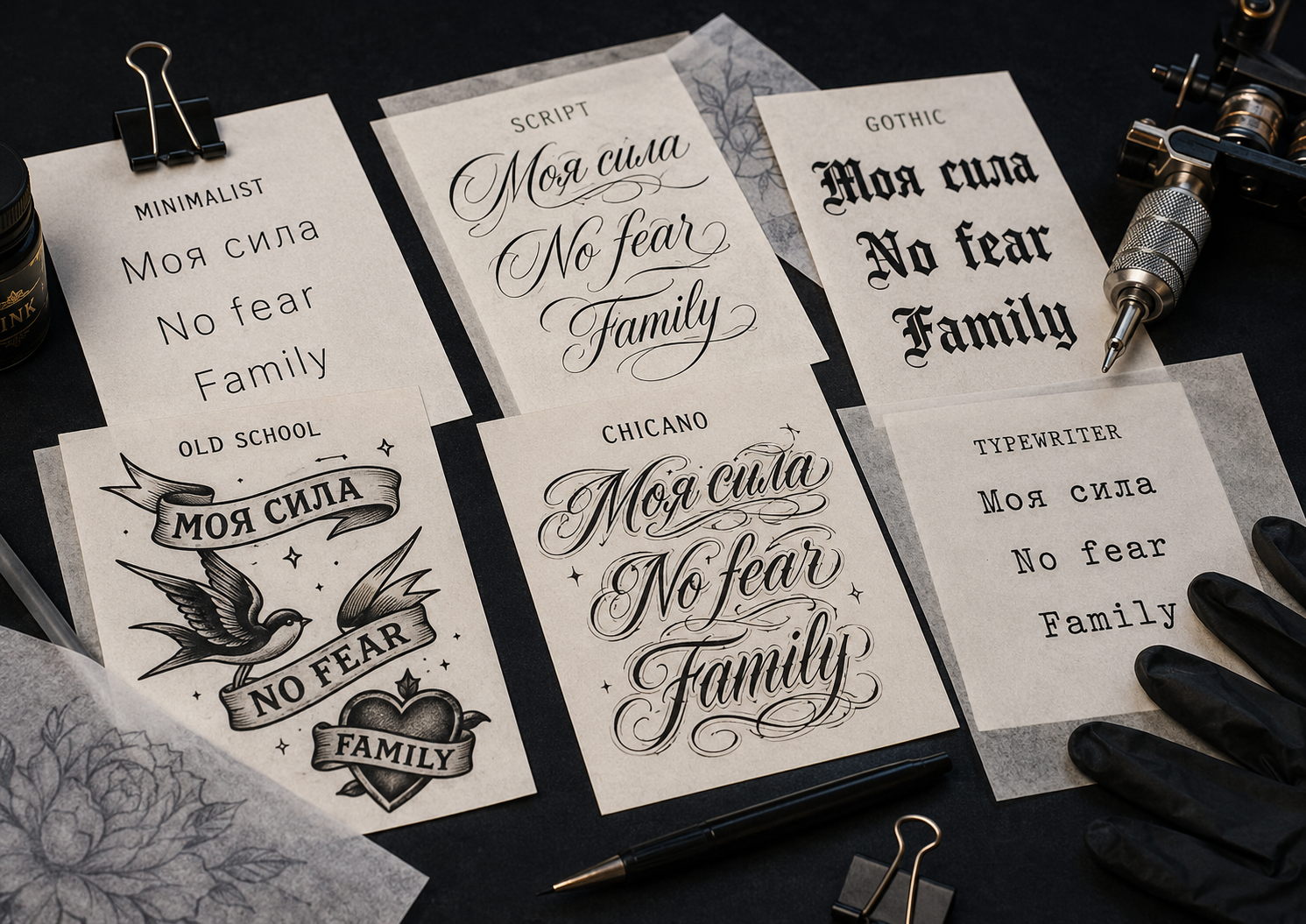 Тату шрифти: minimalist, script, gothic, old school і chicano Тату шрифти на папері: minimalist, script, gothic, old school, chicano і typewriter lettering