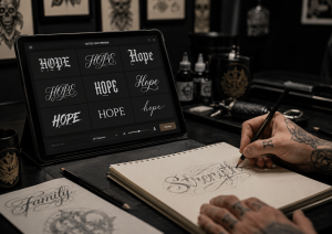 Онлайн перевірка шрифту для тату на планшеті та ескіз lettering у тату студії