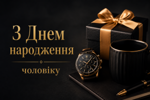 Привітання з днем народження чоловіку — чорний подарунок, годинник і чашка