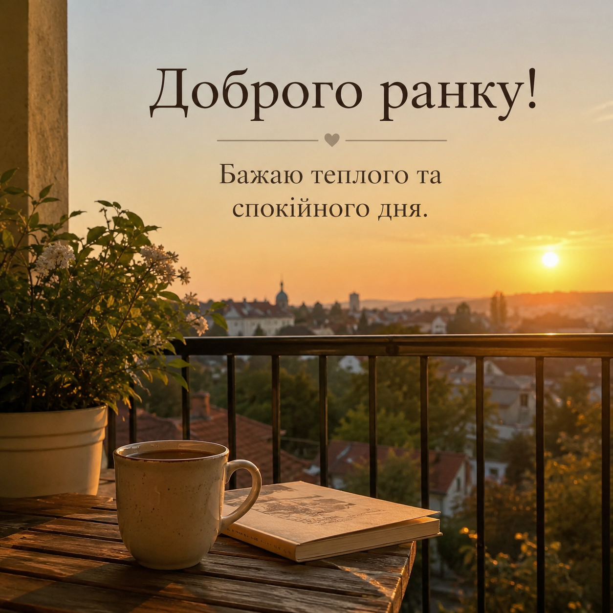 Картинка доброго ранку з балконом, кавою і сонячним світанком