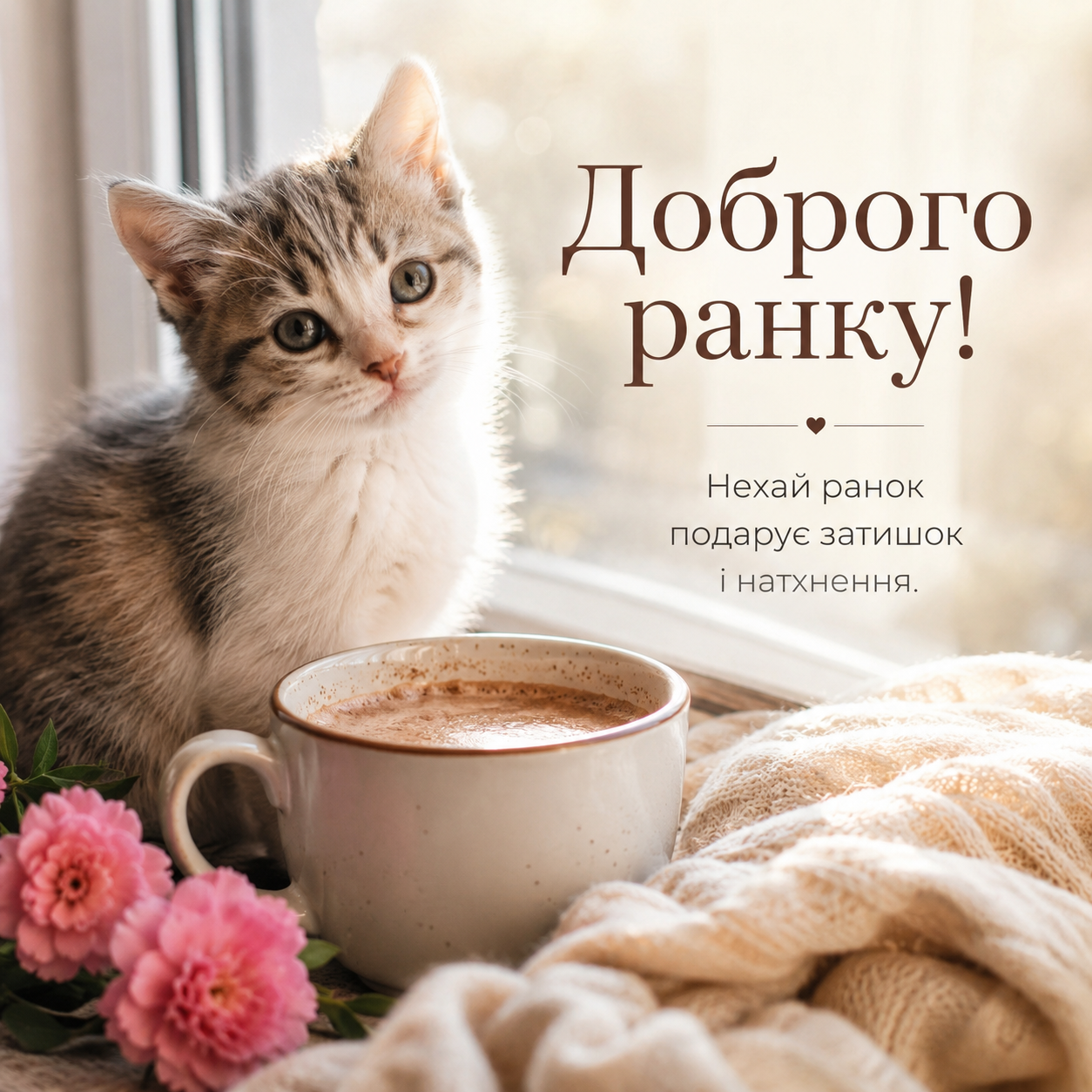 Картинка доброго ранку з котиком, кавою та квітами