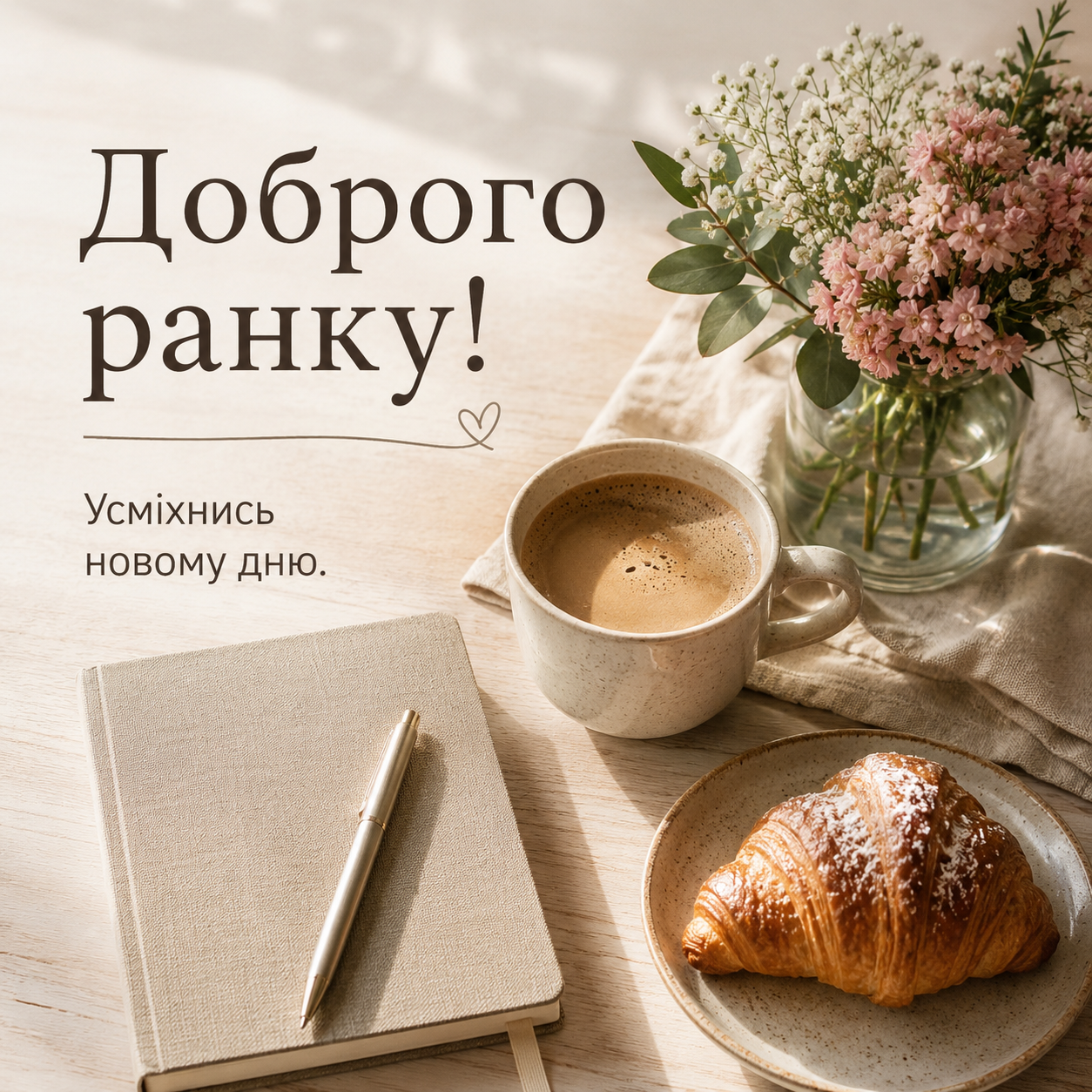 Гарна картинка доброго ранку з ромашками, кавою і світлим інтер’єром
