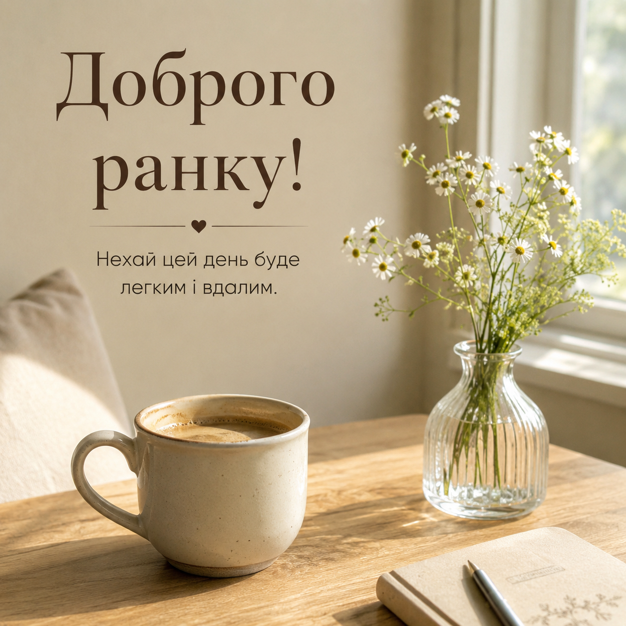 Ніжна картинка доброго ранку з кавою, ромашками і варенням