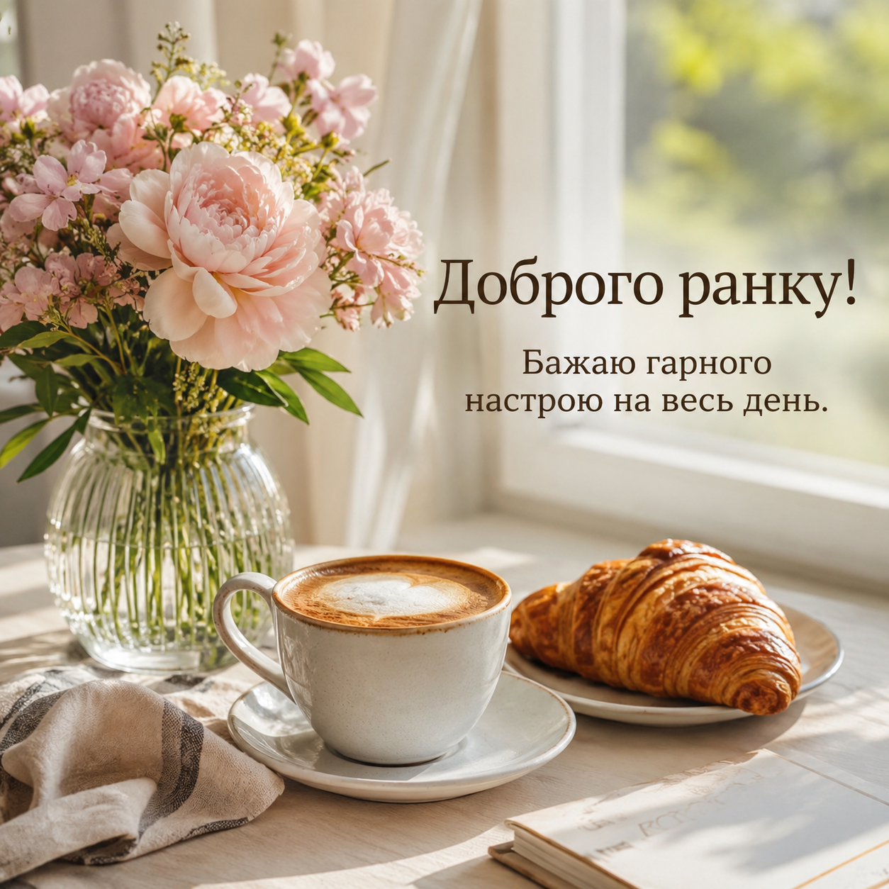 Доброго ранку картинка українською з квітами, кавою і круасаном