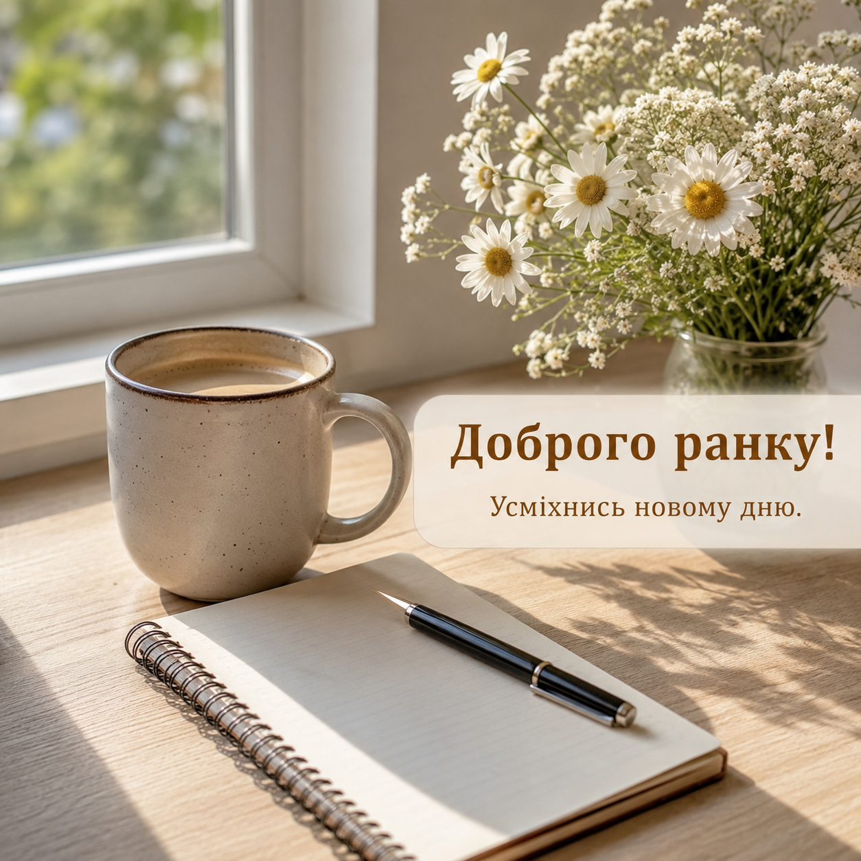 Картинка доброго ранку з ромашками, нотатником і чашкою кави