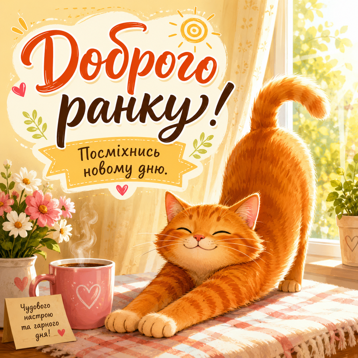 Ілюстрація доброго ранку українською з ромашками і сонцем