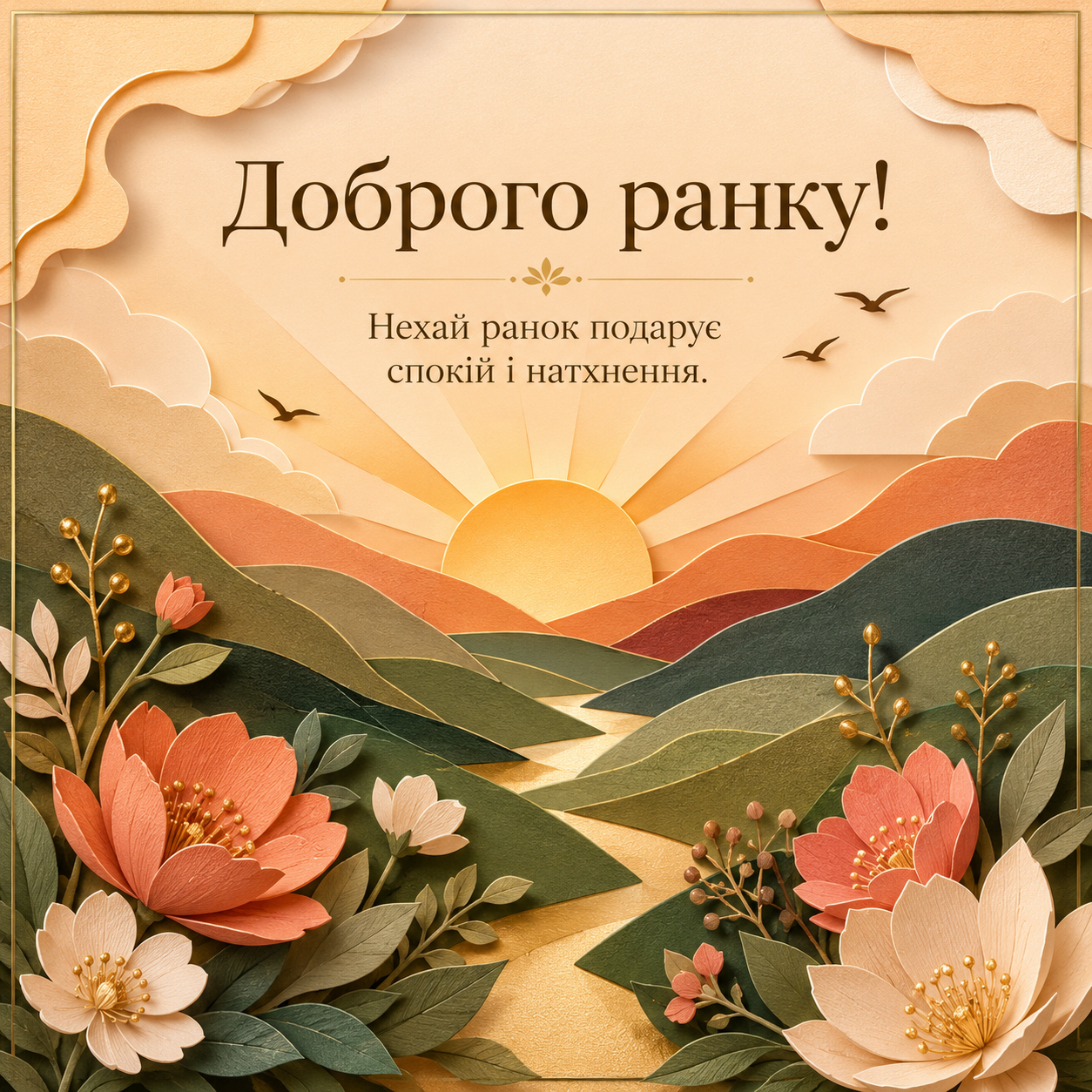 Яскрава листівка доброго ранку українською з квітами і побажанням чудового дня