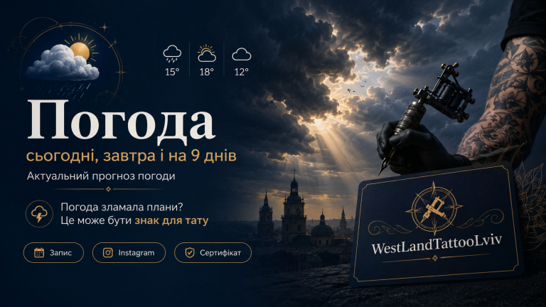 Погода у Львові сьогодні, завтра і на 9 днів з банером WestLandTattooLviv